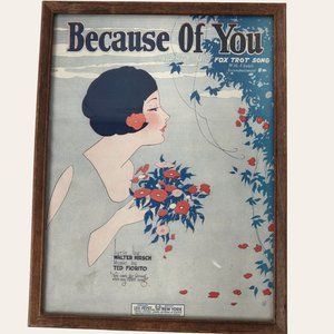 Vintage 1925 Because of You Sheet Music Frame Art Deco Print Flapper Fox Trot Hi